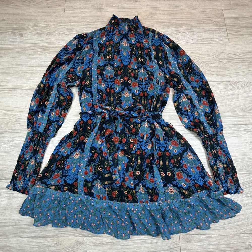 Farm Rio Arabesque Blue Floral High Neck Mini Dress Smocked Belted Size S